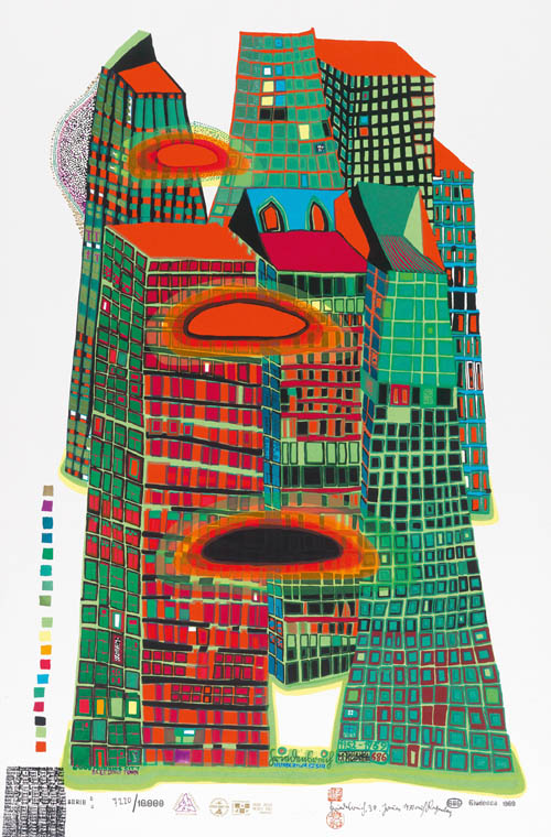 Hundertwasser - Good Morning City - Bleeding Town - series LL - 1969 color screenprint